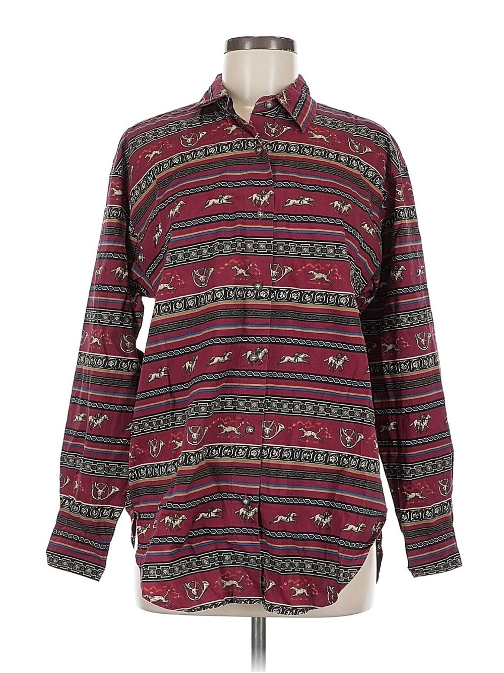 Vintage 90s  English Country Style Maroon Hunt Motif Patterned Button-Up Shirt